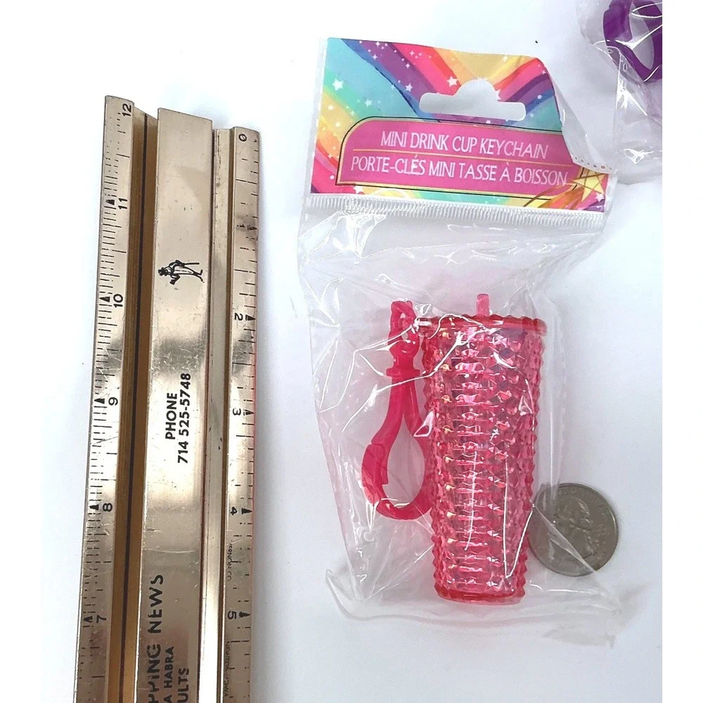 4pc Mini Drink Cup Keychain Set Studded Tumbler Style Bag Charms Multi Color-NEW